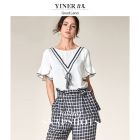 YINER音儿美地 2018夏季新款五分荷叶袖拼接蝴蝶结T恤女8C58270390