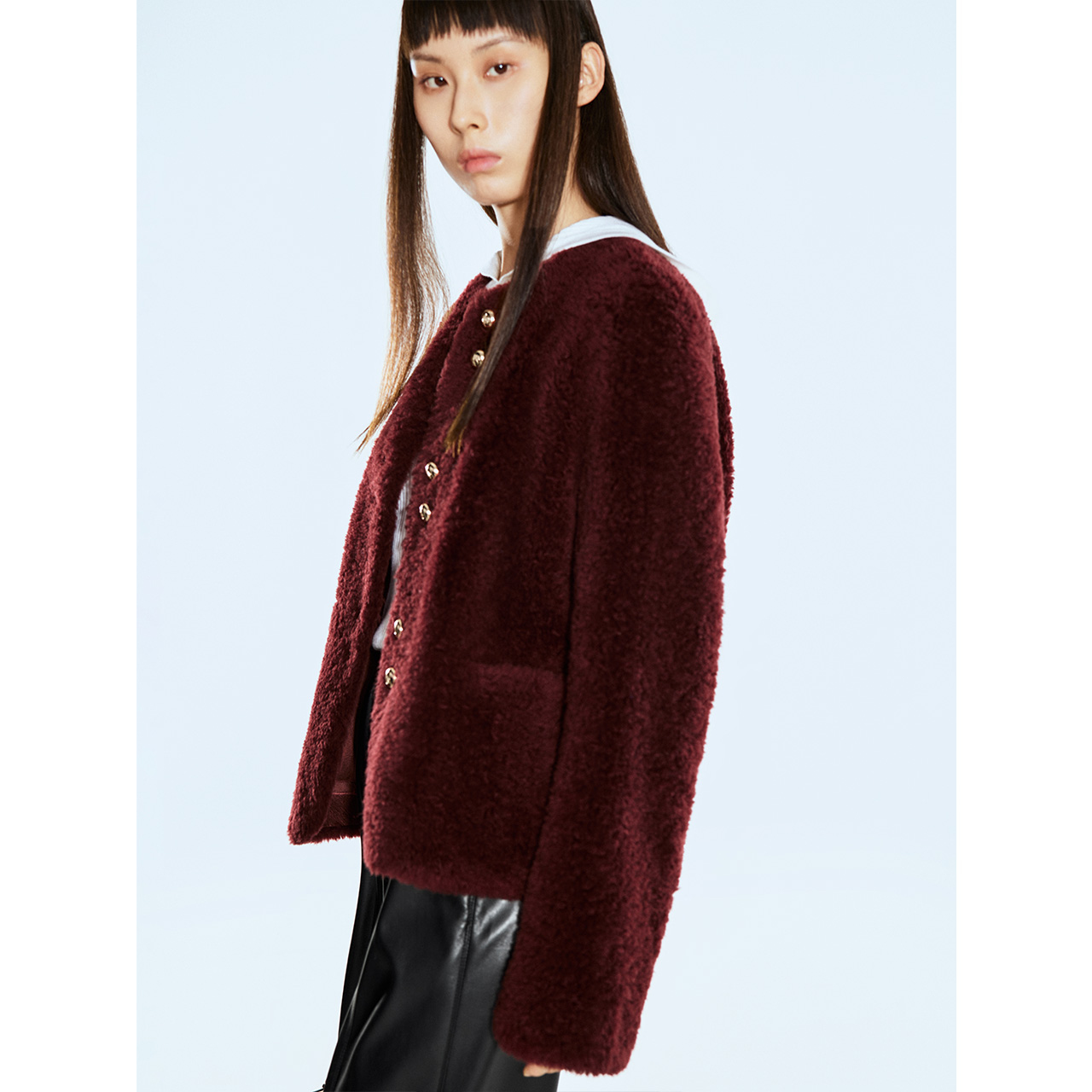COVERINS2025冬季颗粒绵羊毛酒红小香风外套CC35510270