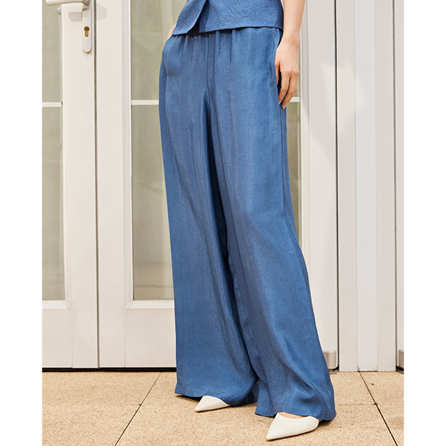 Lumsonare琅颂2025夏季松紧腰100%醋酸直筒阔腿裤9CY5220070