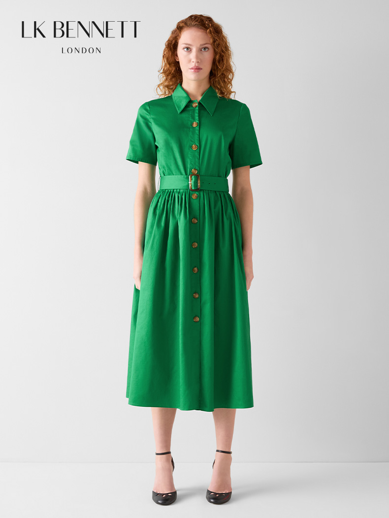 2026年新款衬衫式收腰绿色连衣裙
