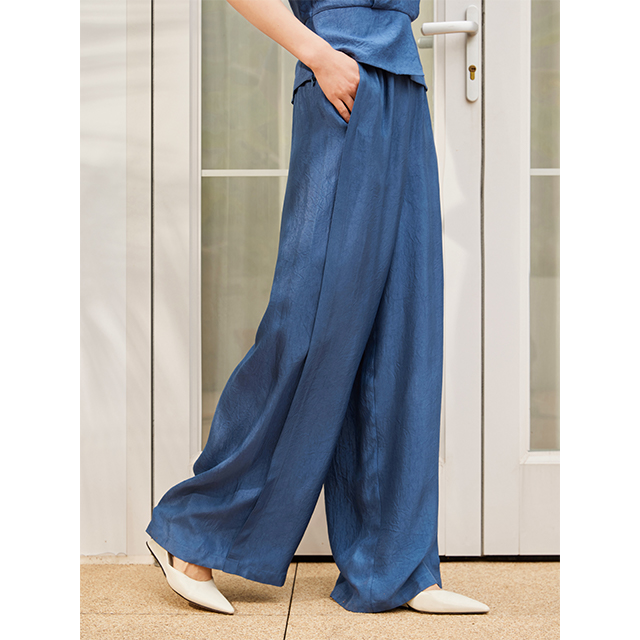 Lumsonare琅颂2025夏季松紧腰100%醋酸直筒阔腿裤9CY5220070