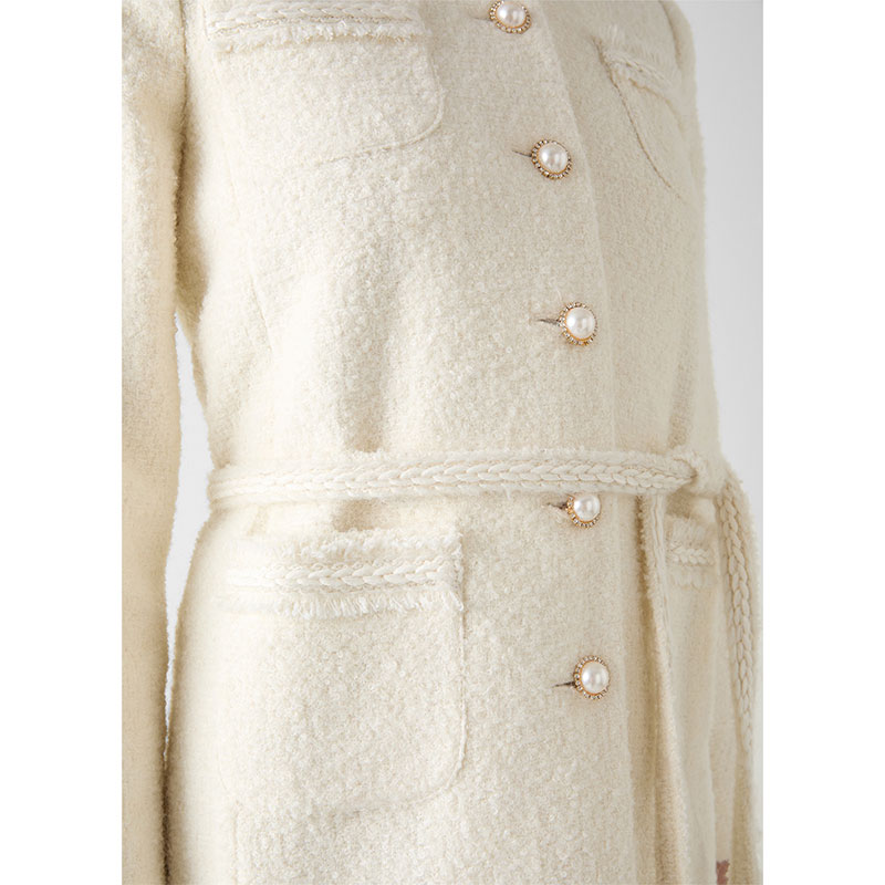 LK bennett米色大衣女2025年冬季圆领小香风粗花呢中长款系带外套LKBTIA63018