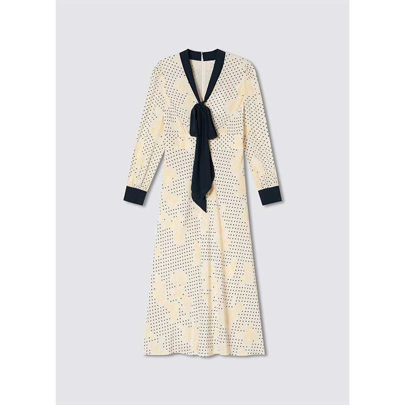 2026年早春新款桑蚕丝复古波点玫瑰印花领结连衣裙DR LOUISE黄色连衣裙