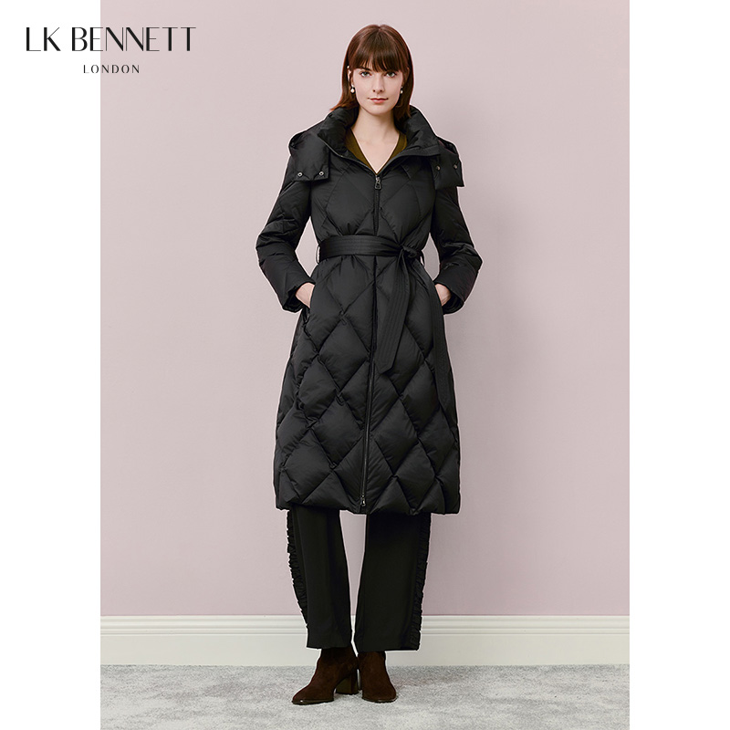 LK BENNETT|2025年新款连帽保暖菱形格腰带显瘦白鹅绒羽绒服LKBTIA64205