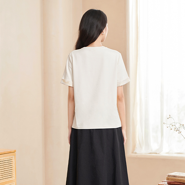 Lumsonare琅颂2025夏季新中式盘扣提花短袖针织衫 9CY5260120