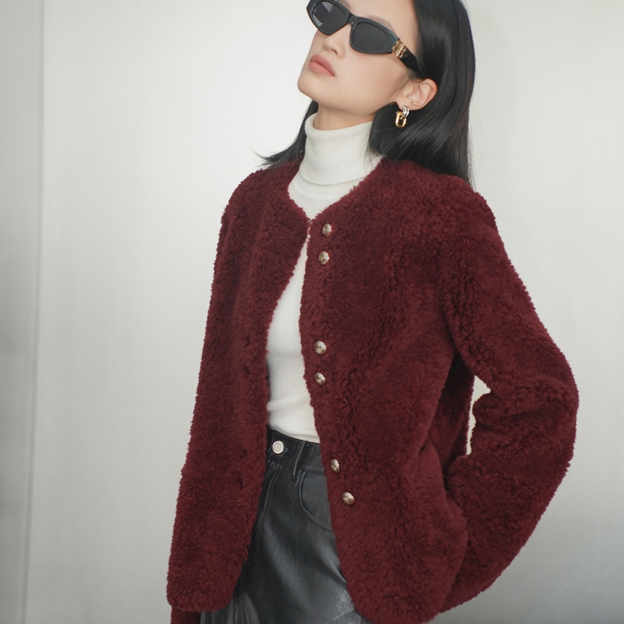 COVERINS2025冬季颗粒绵羊毛酒红小香风外套CC35510270