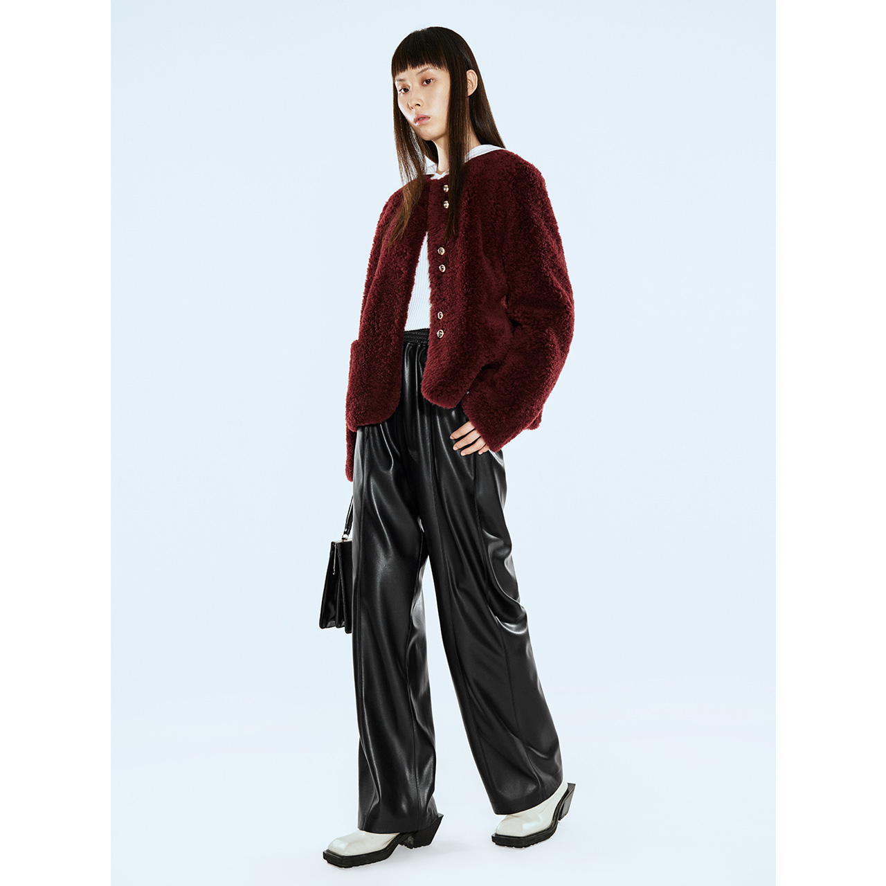 COVERINS2025冬季颗粒绵羊毛酒红小香风外套CC35510270