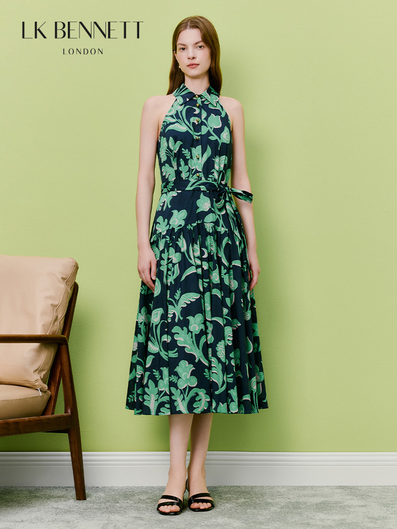 2026新款墨绿撞色藤蔓印花挂脖长裙LKBTSS51060