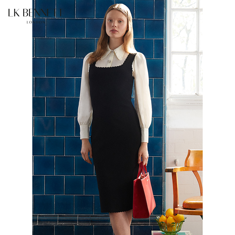 LK BENNETT|2023秋冬黑色方领修身长裙法式针织吊带裙