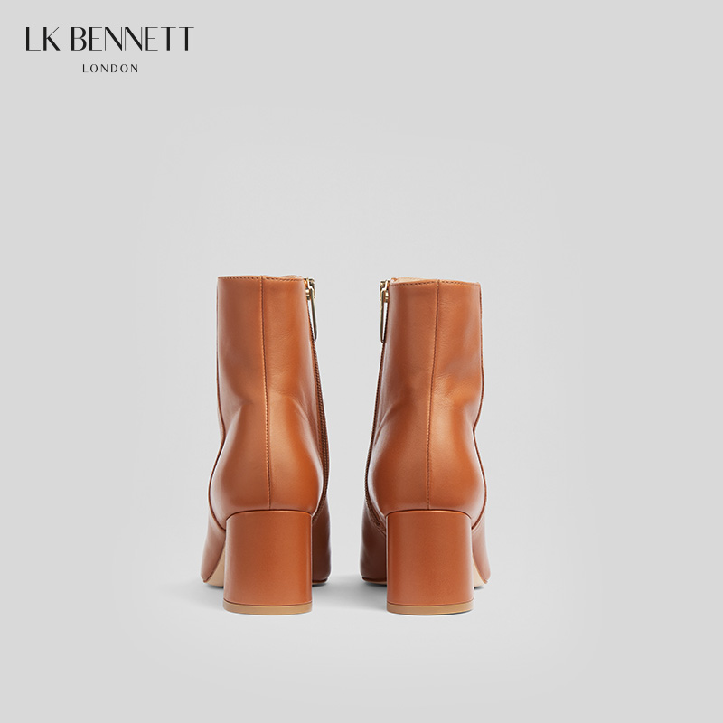 LK BENNETT|2023真皮羊皮革粗跟焦糖色高跟短靴女春秋单靴
