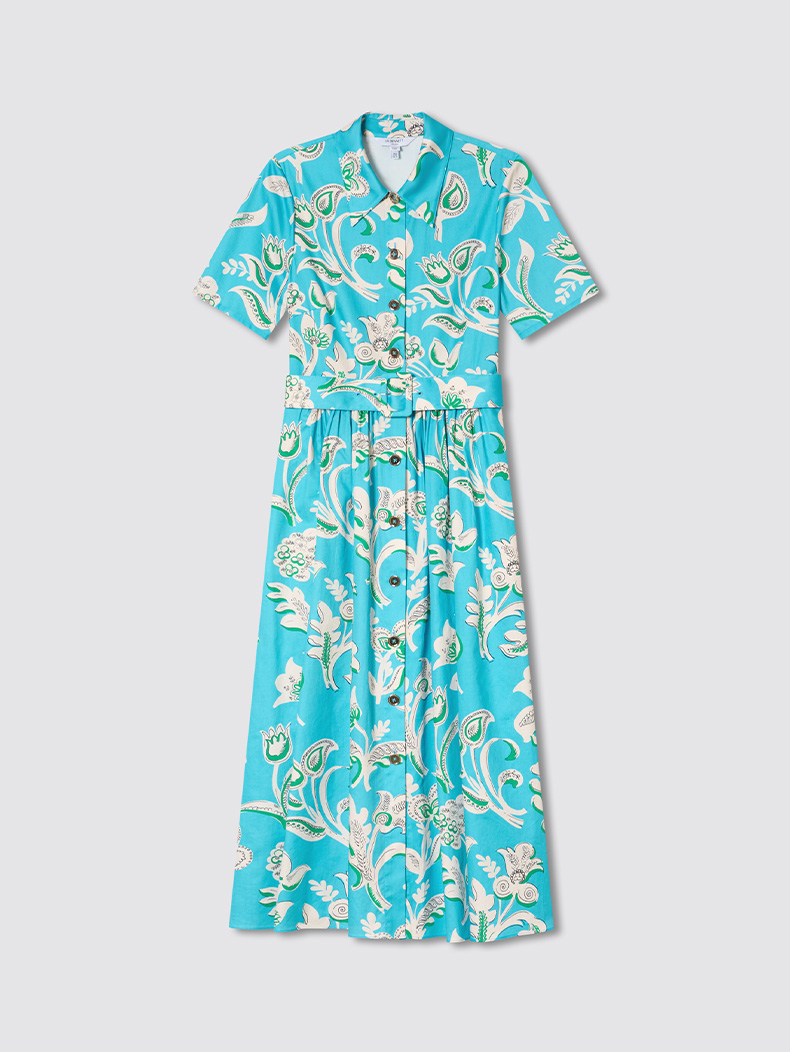 2026新款湖蓝花卉衬衫式收腰连衣裙LKBTSS51059