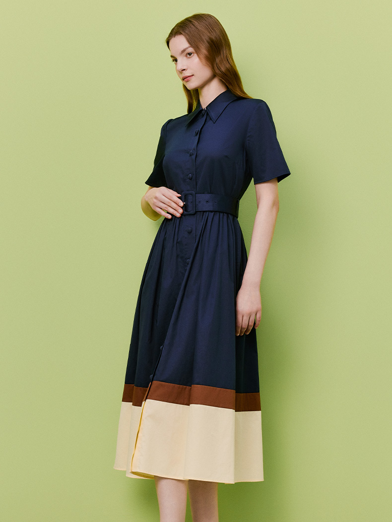 2026新款赛马会纯棉深蓝衬衫式连衣裙