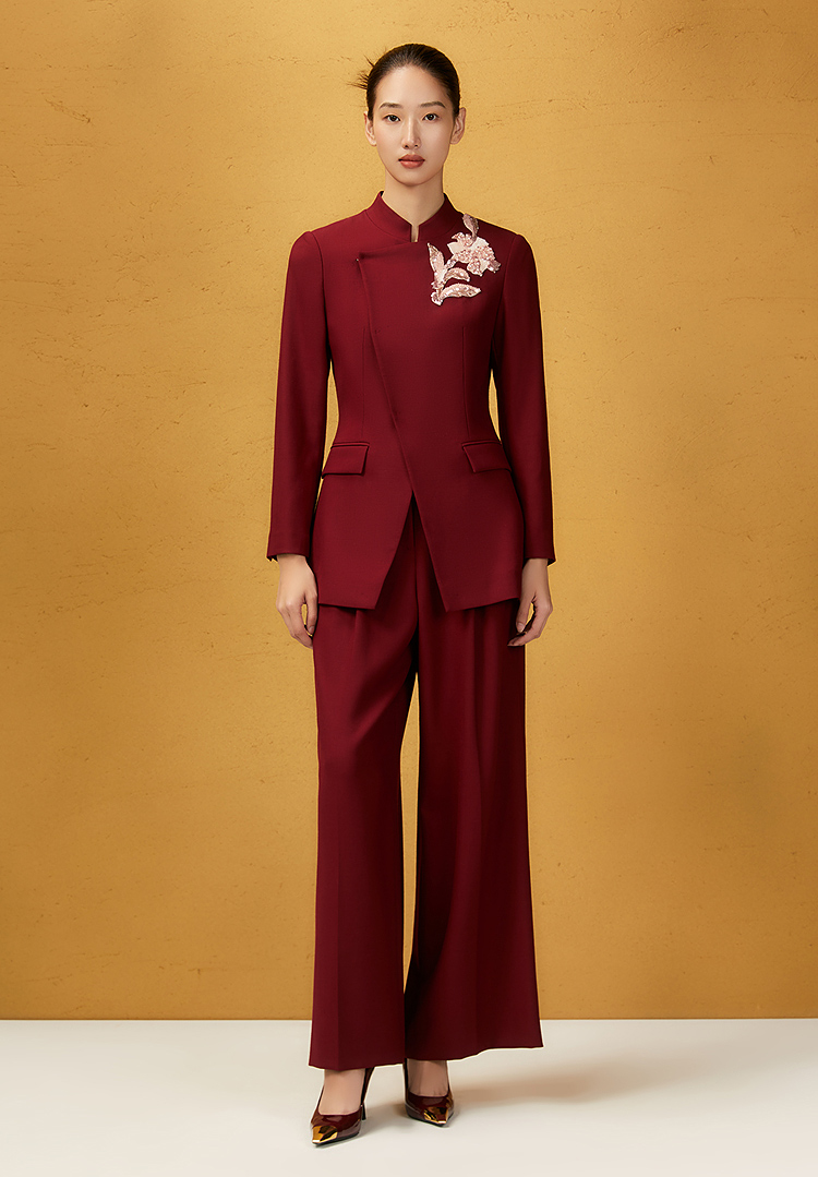 SongofSong歌中歌定制款浓郁酒红新中式阔腿裤5C05520150