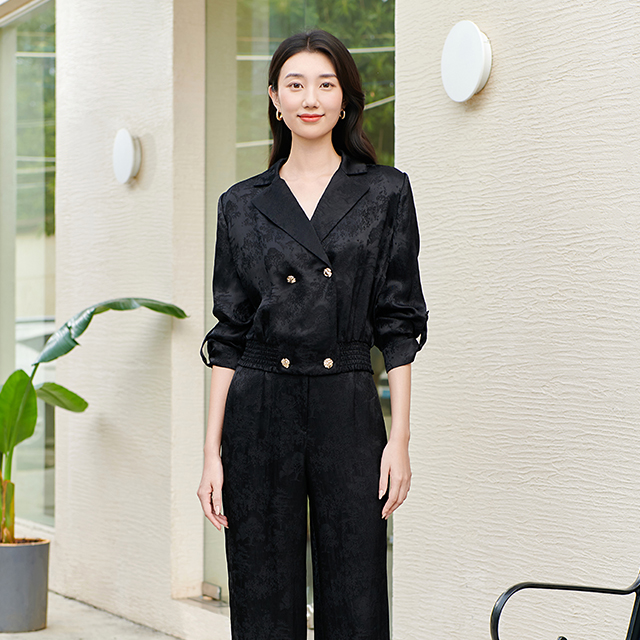 Lumsonare琅颂2025夏季暗纹提花人丝缎面双排扣西装衬衫 9CY5230300