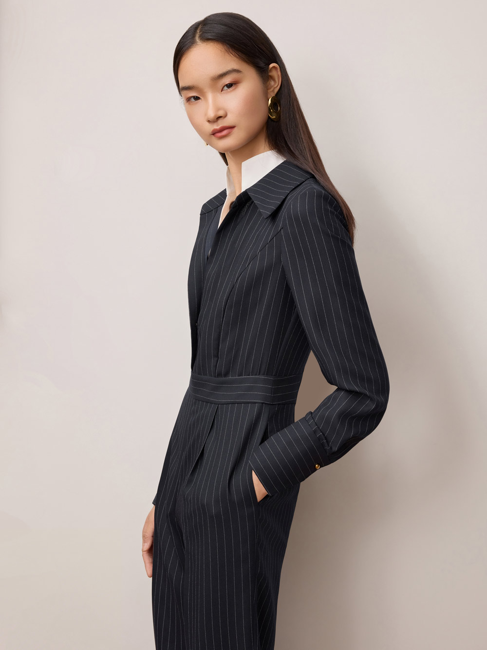 OBBLIGATO奥丽嘉朵2025秋季新品藏蓝条纹撞色高级商务连体裤1C35302030